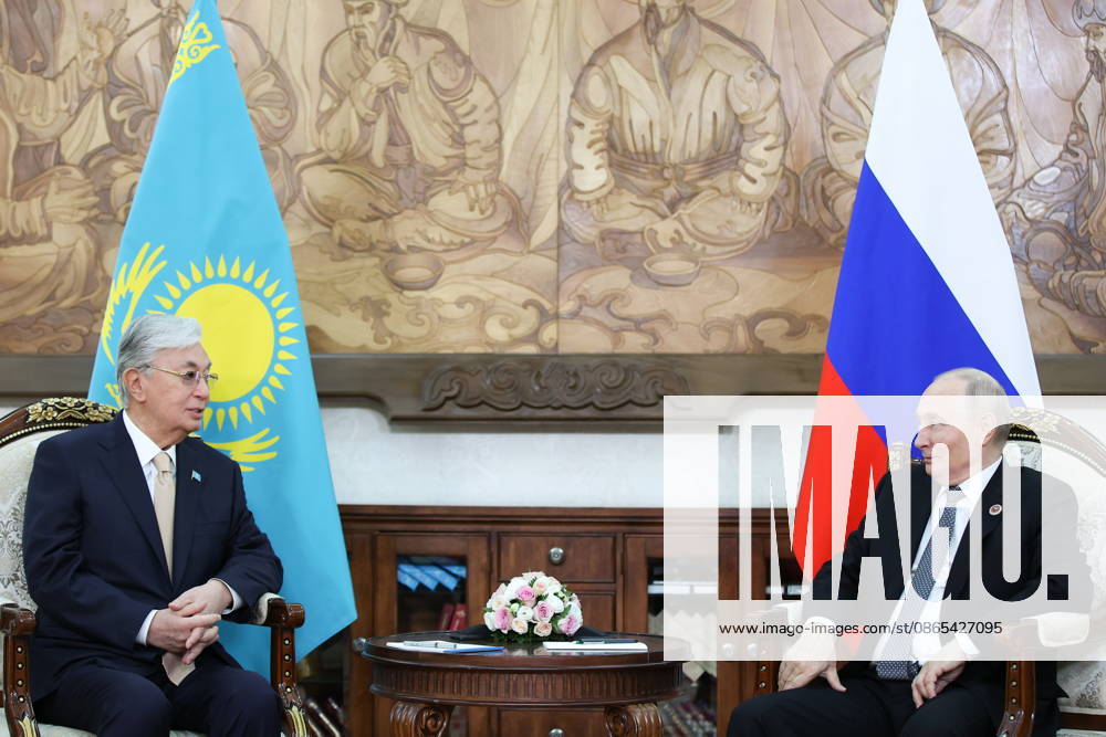 KYRGYZSTAN, BISHKEK - AUGUST 31, 2026: Kassym-Jomart Tokayev (L), President of Kazakhstan, and his counterpart Vladimir Putin of Russia hold a meeting on the sidelines of the 2026 SCO Summit Bishkek Kyrgyzstan - ZUMAt113 20260831_zaa_t113_397