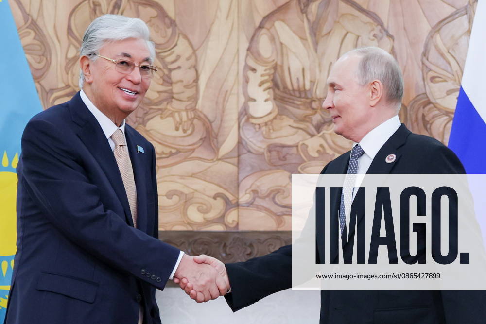 KYRGYZSTAN, BISHKEK - AUGUST 31, 2026: Kassym-Jomart Tokayev (L), President of Kazakhstan, and his counterpart Vladimir Putin of Russia shake hands during a meeting on the sidelines of the 2026 SCO Summit, at the Ala Archa State Residence Bishkek Kyrgyzstan - ZUMAt113 20260831_zaa_t113_421