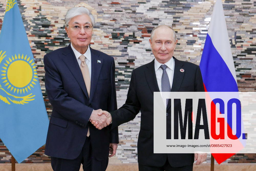 KYRGYZSTAN, BISHKEK - AUGUST 31, 2026: Kassym-Jomart Tokayev (L), President of Kazakhstan, and his counterpart Vladimir Putin of Russia shake hands during a meeting on the sidelines of the 2026 SCO Summit, at the Ala Archa State Residence Bishkek Kyrgyzstan - ZUMAt113 20260831_zaa_t113_424