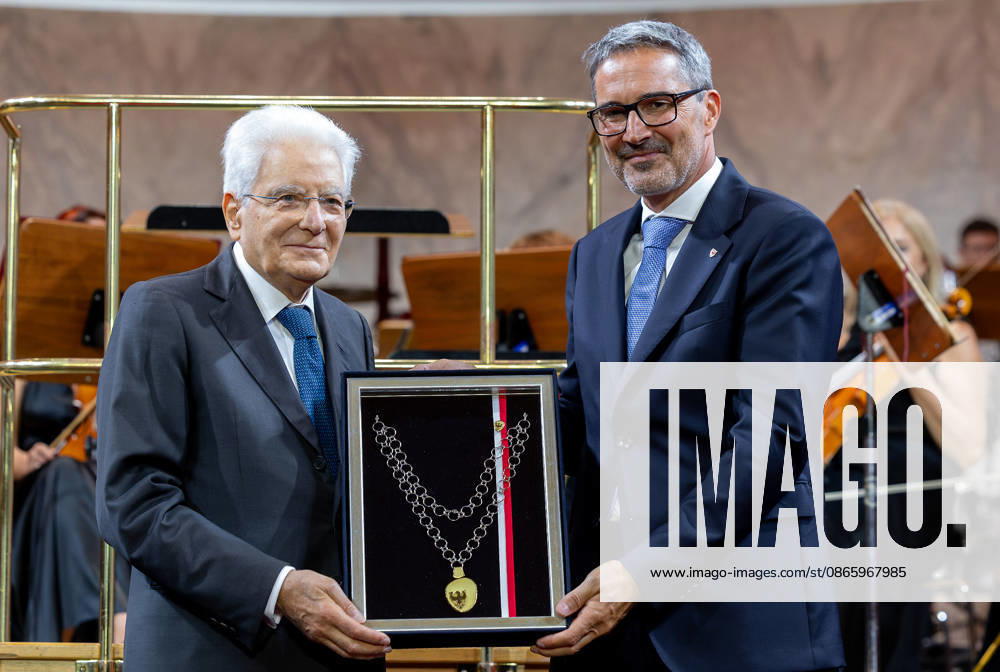 President Sergio Mattarella receives the honor of Grand Order of Merit of the Autonomous Province of Bolzano from the President of the Autonomous Province of Bolzano during the ceremony on the occasion of the Day of Autonomy , Merano, 5 September 2026. Merano Italy - ZUMAa289 20260905_zia_a289_019