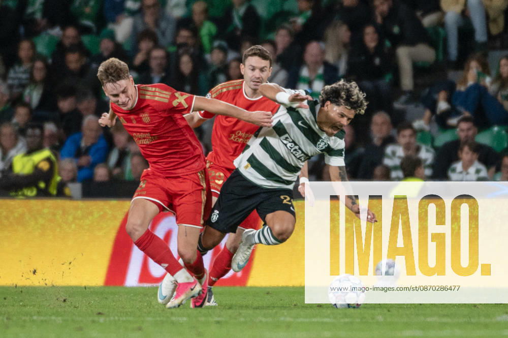 Sporting CP midfielder MAXIMILIANO ARAUJO drives forward with the ball under pressure from LASK opponents during the UEFA Champions League league phase matchday three match at Estadio Jose Alvalade in Lisbon, Portugal, on October 21, 2026. Lisbon Portugal - ZUMAr238 20261021_zip_r238_030