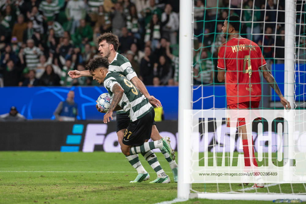 Sporting CP forward LUIS SUAREZ carries the ball away from the net after scoring a goal against LASK during their UEFA Champions League league phase matchday three match at Estadio Jose Alvalade in Lisbon, Portugal, on October 21, 2026. Lisbon Portugal - ZUMAr238 20261021_zip_r238_028