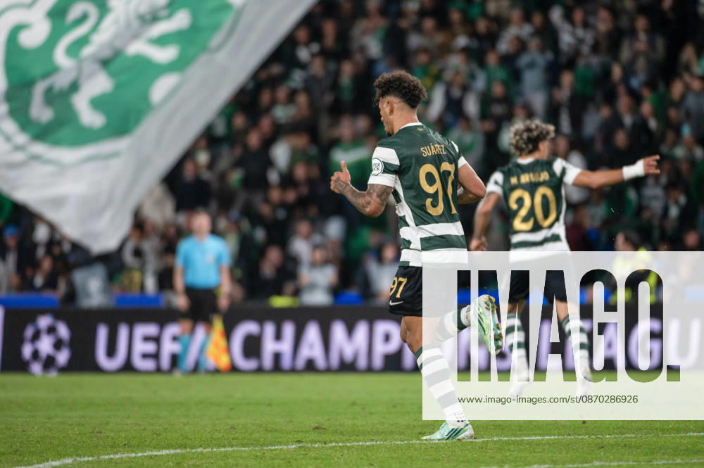 Sporting CP forward LUIS SUAREZ celebrates after scoring a goal against LASK during their UEFA Champions League league phase matchday three fixture at Estadio Jose Alvalade in Lisbon, Portugal, on October 21, 2026. Lisbon Portugal - ZUMAr238 20261021_zip_r238_041