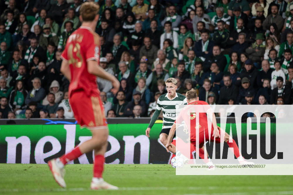Sporting CP forward JESSE DERRY controls the ball under pressure from a LASK opponent during the UEFA Champions League league phase matchday three fixture at Estadio Jose Alvalade in Lisbon, Portugal, on October 21, 2026. Lisbon Portugal - ZUMAr238 20261021_zip_r238_043