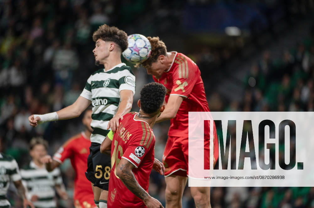 Sporting CP midfielder FLAVIO GONCALVES challenges for a header against a LASK player during their UEFA Champions League league phase matchday three fixture at Estadio Jose Alvalade in Lisbon, Portugal, on October 21, 2026. Lisbon Portugal - ZUMAr238 20261021_zip_r238_044