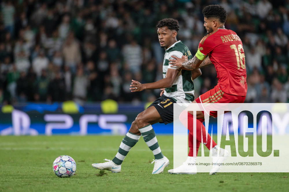 Sporting CP forward LUIS GUILHERME shields the ball from a LASK defender during their UEFA Champions League league phase matchday three match at Estadio Jose Alvalade in Lisbon, Portugal, on October 21, 2026. Lisbon Portugal - ZUMAr238 20261021_zip_r238_051