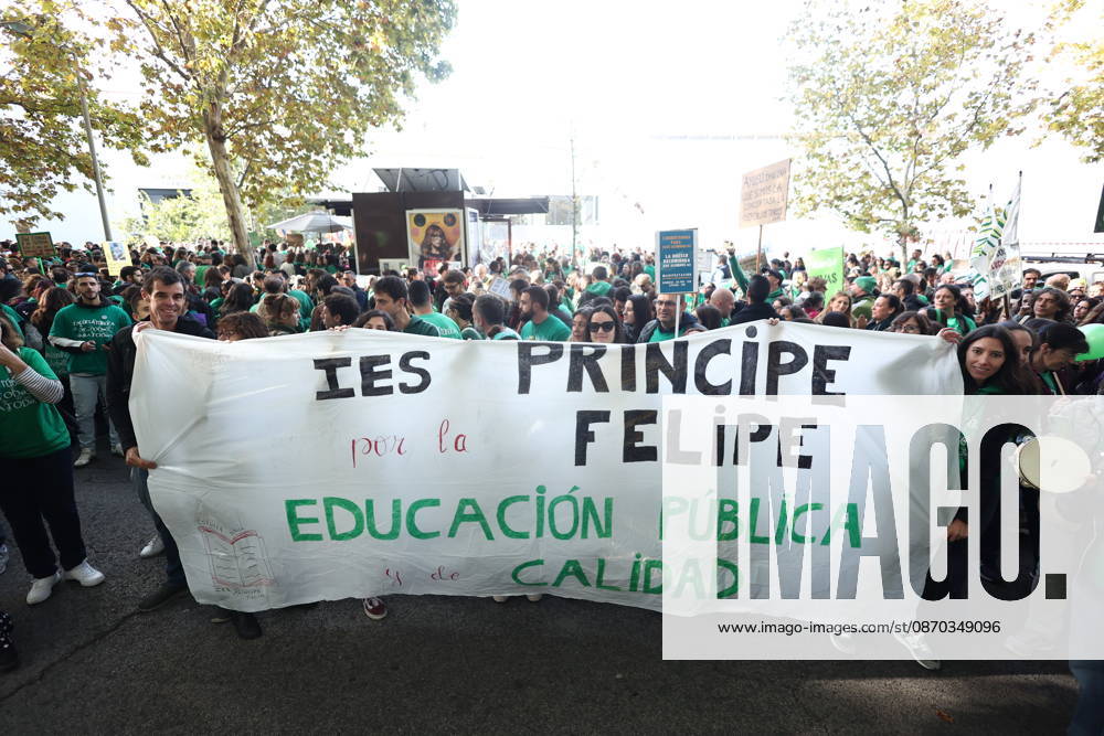 Rally at the Madrid Assembly in Support of the Indefinite Education Strike Several people hold a banner reading IES Príncipe Felipe for Quality Public Education during a rally in support of public education, in front of the Madrid Assembly, on October 22, 2026, in Madrid, Spain. Public school teachers in the Community of Madrid began an indefinite strike on October 14 to demand more resources and better working conditions. The strike was called by the unions CCOO, CGT, CNT, Solidaridad Obrera, STEM, and UGT, as well as by the teachers’ platforms Educación Especial Digna, Menos Lectivas, and Queremos FP. Among their main demands are the restoration of a maximum of 17 teaching periods per week in secondary education and vocational tr