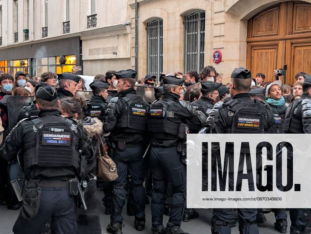 Students stage sit-in protest at Sciences Po Paris PARIS, FRANCE - OCTOBER 22: French gendarmerie officers form a security cordon as students stage a protest at Sciences Po Paris in Paris, France, on October 22, 2026. Officers holding riot shields face a crowd of protesters gathered on a street near the institution. Luc Auffret Anadolu Paris France. Editorial use only. Please get in touch for any other usage.