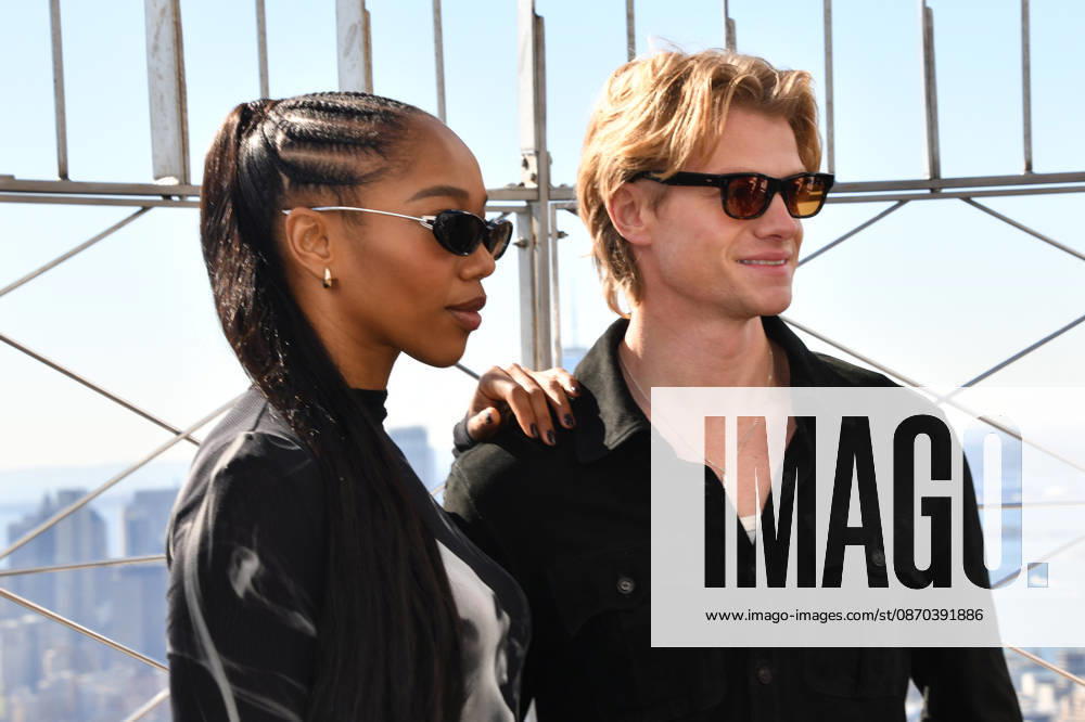 NEW YORK, NY- OCTOBER 22: Naomi Ackie and Tom Rhys Harries at the Empire State Building promoting the release of DC Studios Clayface on October 22, 2026 in New York City.