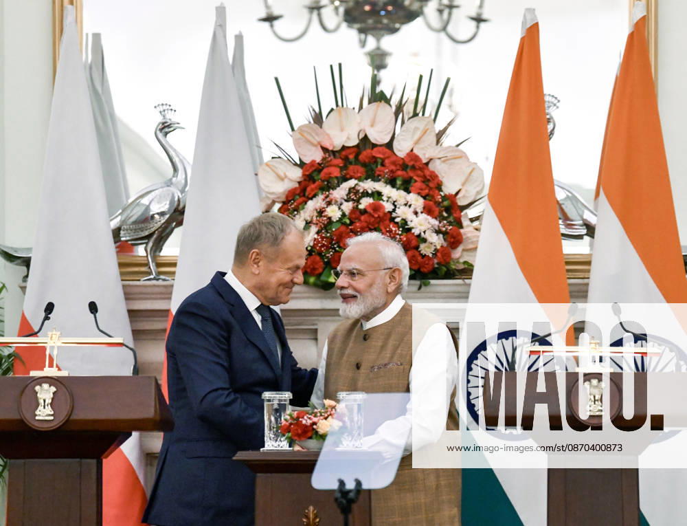 Poland PM Donald Tusk in India New Delhi, Oct 22 (ANI): Prime Minister Narendra Modi and Polish Prime Minister Donald Tusk exchange a handshake during the Joint Press Statement at Hyderabad House, in New Delhi on Thursday. NEW DELHI Delhi India