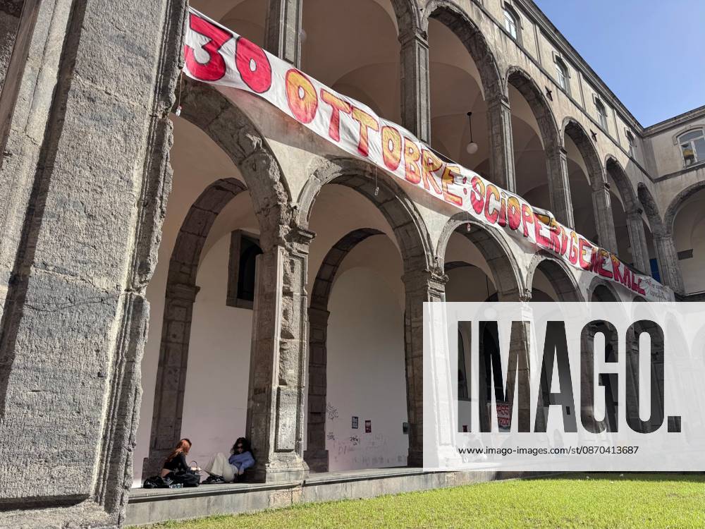 NAPLES, ITALY OCTOBER 22, 2026: Students of the Collettivo autorganizzato universitario (CAU, the Self-Organised University Collective), together with Ecologia Politica Napoli (Ecopol), are occupying the Porta di Massa site of the University of Naples Federico II, which they took over on October 21. Francesco, a spokesperson for the collective, said: We are occupying our site against high rents, against the cost of living and for a right to study that is truly possible for everyone. A banner at the entrance presents the occupation as a step towards the October 30 general strike. The occupation came as the university announced that, from October 22 and until further notice, ordinary teaching would mov - ZUMAq101 20261022_zna_q101_102