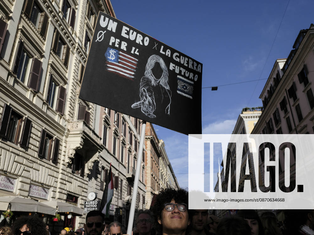 Rome Anti War Protest A demonstrator holds a sign reading One euro for war, zero for the future during an anti-war protest in Rome, Italy on October 24, 2026. Demonstrators took part in an anti-war march under the slogan Keep Italy Out of the War . Protesters further voiced opposition to Italy s involvement in armed conflicts, military rearmament and government policies. Rome Lazio Italy