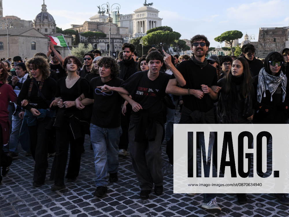 Rome Anti War Protest Demonstrators march together during an anti-war protest in Rome, Italy on October 24, 2026. Demonstrators took part in an anti-war march under the slogan Keep Italy Out of the War . Protesters further voiced opposition to Italy s involvement in armed conflicts, military rearmament and government policies. Rome Lazio Italy
