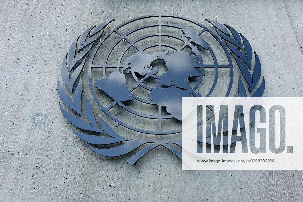 Emblem of the United Nations Emblem of the United Nations, 02 08 2019 Geneva, Ariane Park, Switzerland, The emblem of the United Nations shows a world map with branches of the olive tree