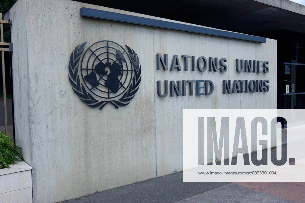 United Nations emblem and lettering United Nations emblem, 02 08 2019 Geneva, Ariane Park, Switzerland, The United Nations emblem shows a world map with olive tree branches