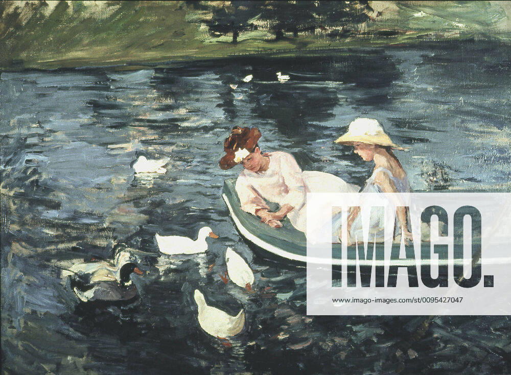 Impressionnisme L ete par Mary CASSAT (1844-1926). Une maman et sa fille se promenent en barque et se penchent vers des canards. Huile sur toile de 1894, 73x100cm, collection Armand Hammer, Los Angeles, USA. Credit : Coll. Bouquig. KHARBINE-TAPABOR.