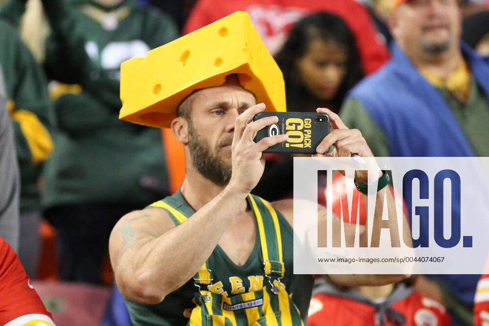 KANSAS CITY, MO - OCTOBER 27: A Green Bay Packers fan in striped overalls  and a cheesehead