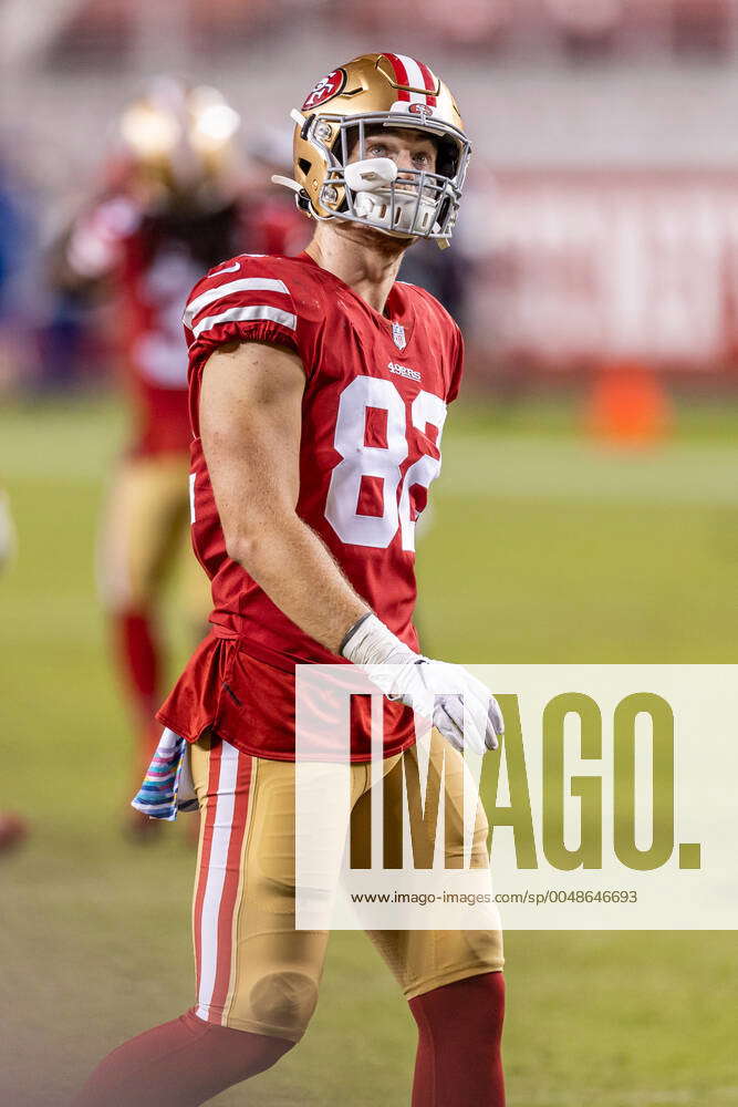 SANTA CLARA, CA - OCTOBER 04: San Francisco 49ers Tight End Ross Dwelley  (82) walks off the