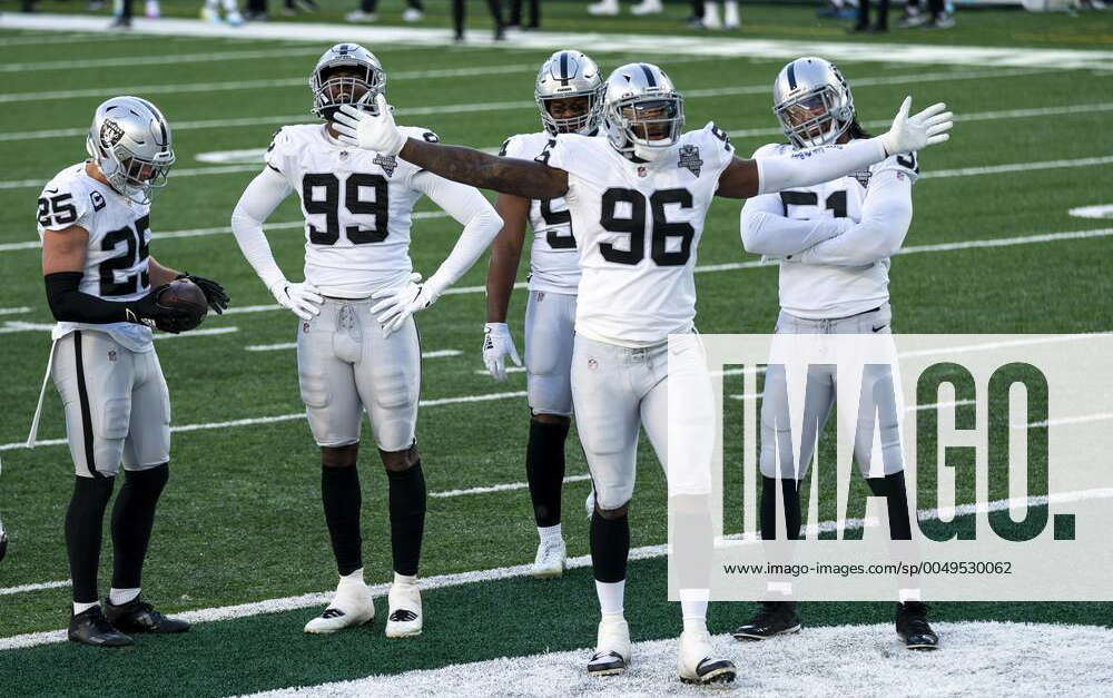 Oakland Raiders defensive end Clelin Ferrell (96) reacts after