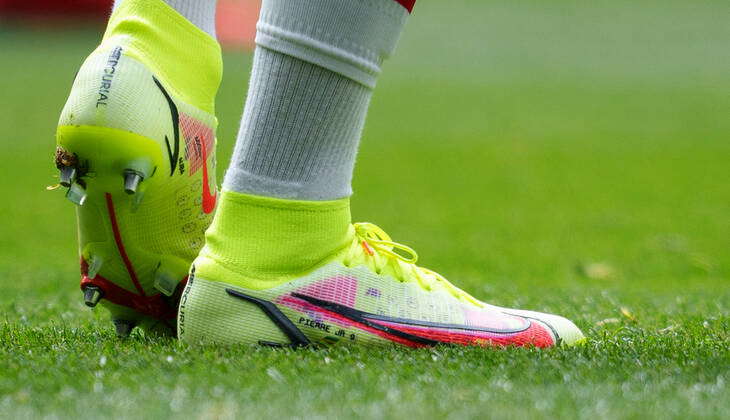 The nike mercurial football boots of Pierre Emerick Aubameyang of Arsenal pre match during the