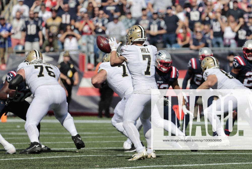 New Orleans Saints quarterback Taysom Hill (7) walks off the field  following an NFL football game against the New England Patriots, Sunday,  Sept. 26, 2021, in Foxborough, Mass. (AP Photo/Stew Milne Stock