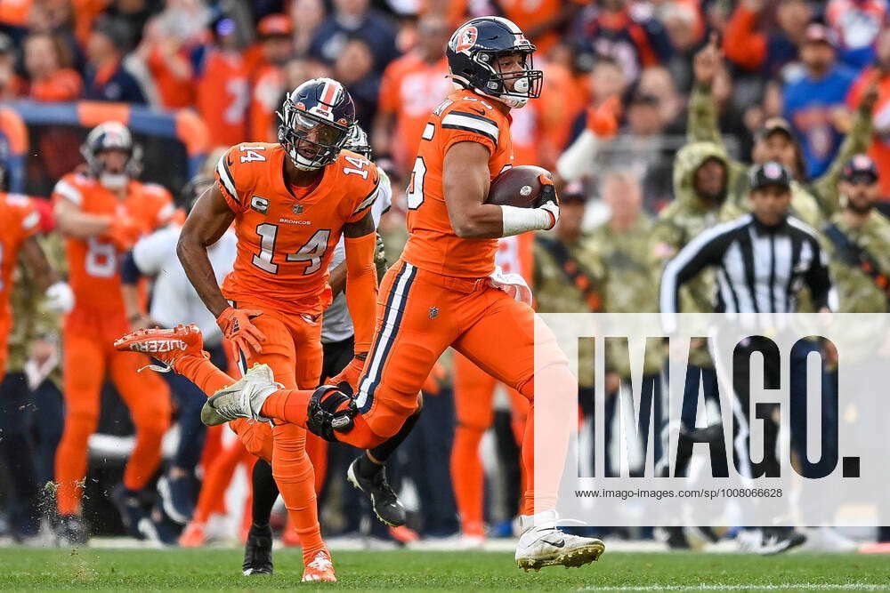 Albert Okwuegbunam of the Denver Broncos runs for yardage during the