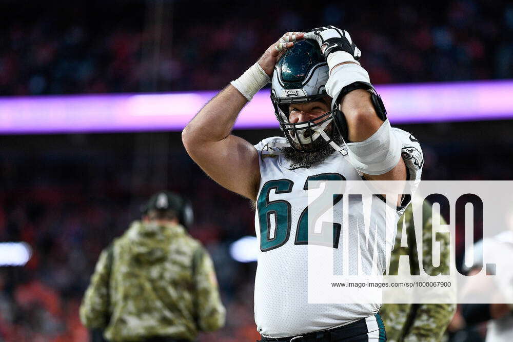 DENVER, CO - NOVEMBER 14: Philadelphia Eagles center Jason Kelce (62)  replaces his helmet before goi