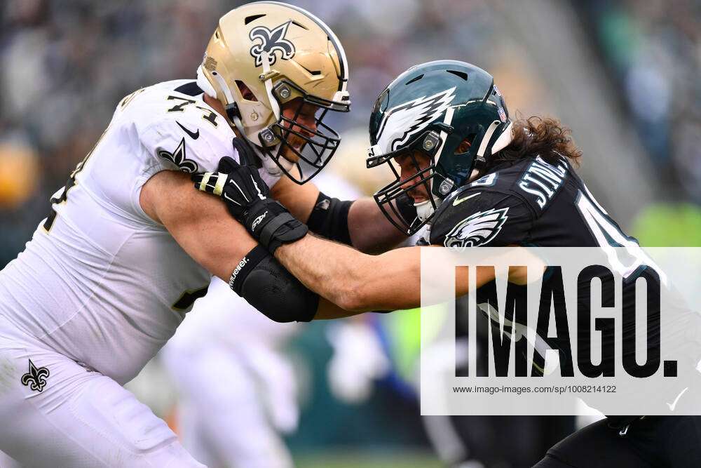 PHILADELPHIA, PA - DECEMBER 13: Orleans Saints offensive guard James Hurst  (74) looks on during the game between the New Orleans Saints and the Philadelphia  Eagles on December 13, 2020 at Lincoln