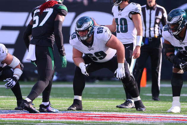 Philadelphia Eagles guard Landon Dickerson (69) walks off the field after  an NFL football game against the New York Giants, Sunday, Nov. 28, 2021, in  East Rutherford, N.J. (AP Photo/Adam Hunger Stock