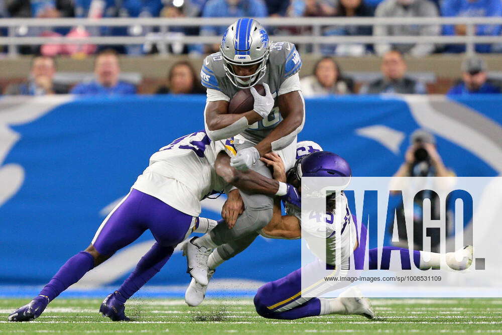 Detroit Lions running back Godwin Igwebuike (35) is tackled during the  first half of an NFL foo …