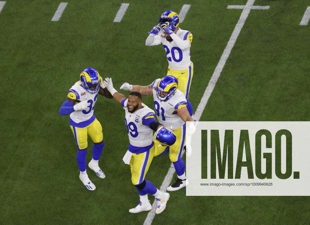 Inglewood, California, USA. 13th Feb, 2022. Los Angeles Rams defensive  tackle Aaron Donald (99) celebrates his game winning sack of Cincinnati  Bengals quarterback Joe Burrow (9) during Super Bowl 56 LVI NFL