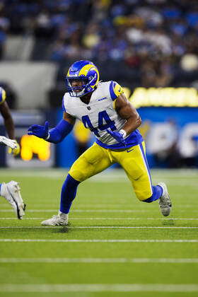 Los Angeles Rams linebacker Daniel Hardy (44) celebrates after a tackle  during the second half of a preseason NFL football game against the Los  Angeles Chargers Saturday, Aug. 12, 2023, in Inglewood