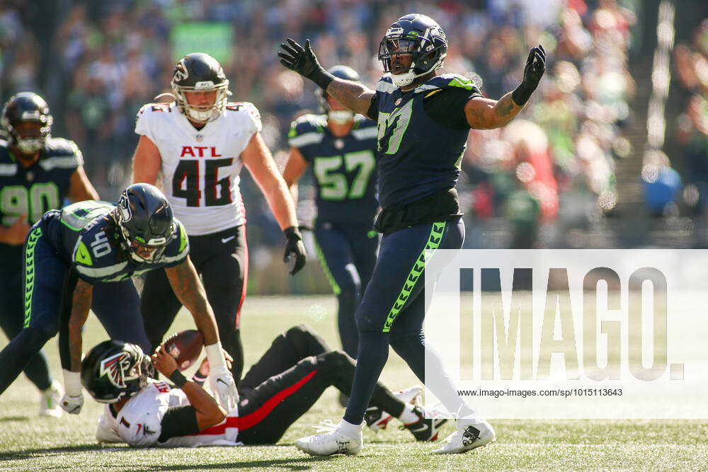 Seattle Seahawks defensive end Quinton Jefferson celebrates during an NFL  football game against the Atlanta Falcons, Sunday, Sept. 25, 2022, in  Seattle. The Falcons won 27-23. (AP Photo/Stephen Brashear Stock Photo -  Alamy