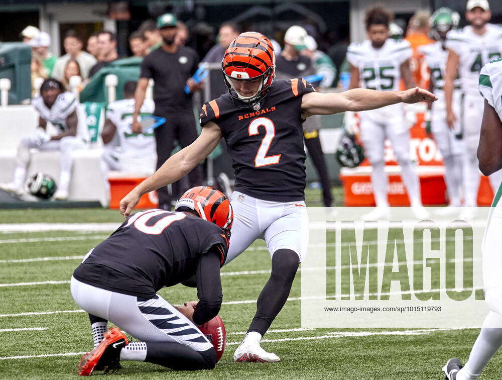 Cincinnati Bengals kicker Evan McPherson (2) runs off the field after an  NFL football game against the New York Jets, Sunday, Oct. 31, 2021, in East  Rutherford, N.J. (AP Photo/Adam Hunger Stock