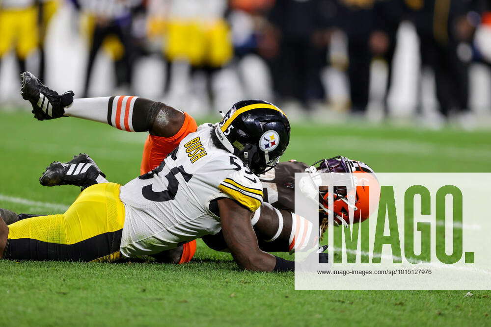 Pittsburgh Steelers linebacker Devin Bush (55) lines up for a play during  an NFL football game against the Cleveland Browns, Thursday, Sept. 22,  2022, in Cleveland. (AP Photo/Kirk Irwin Stock Photo - Alamy