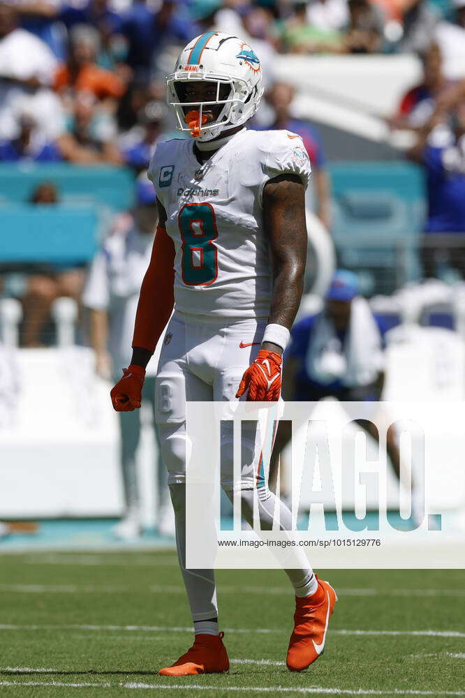 Miami Dolphins safety Jevon Holland (8) enters the field through the smoke  before an NFL football game against the Buffalo Bills, Sunday, Sept. 25,  2022 in Miami Gardens, Fla. The Dolphins defeat