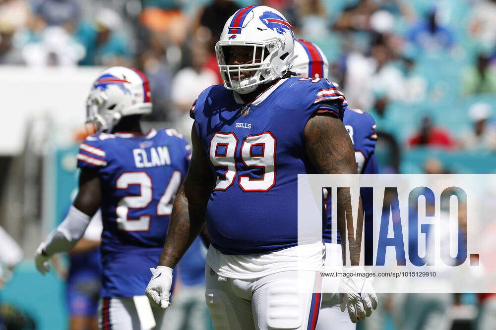 Buffalo Bills defensive tackle Tim Settle (99) prepares to walk onto the  field before the start of an NFL football game against the Miami Dolphins,  Sunday, Sept. 25, 2022, in Miami Gardens