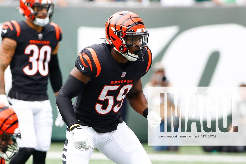 Cincinnati Bengals linebacker Akeem Davis-Gaither (59) in coverage during  an NFL football game against the New York Jets, Sunday, Sept. 25, 2022, in  East Rutherford, N.J. The Cincinnati Bengals won 27-12. (AP