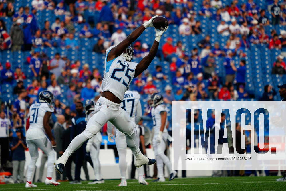 Tennessee Titans running back Hassan Haskins (25) runs up the field during  an NFL football game against the Buffalo Bills, Monday, Sept. 19, 2022, in  Orchard Park, N.Y. (AP Photo/Kirk Irwin Stock