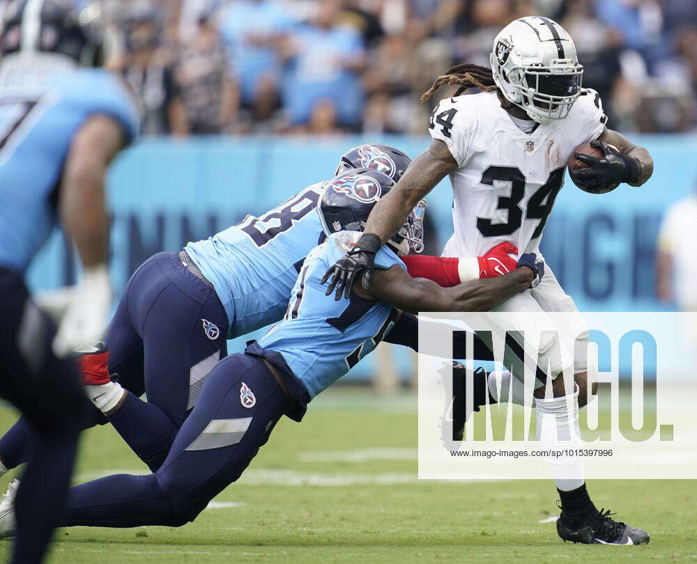 Las Vegas Raiders running back Brandon Bolden (34) takes a break during  their game against the Tennessee Titans Sunday, Sept. 25, 2022, in  Nashville, Tenn. (AP Photo/Wade Payne Stock Photo - Alamy