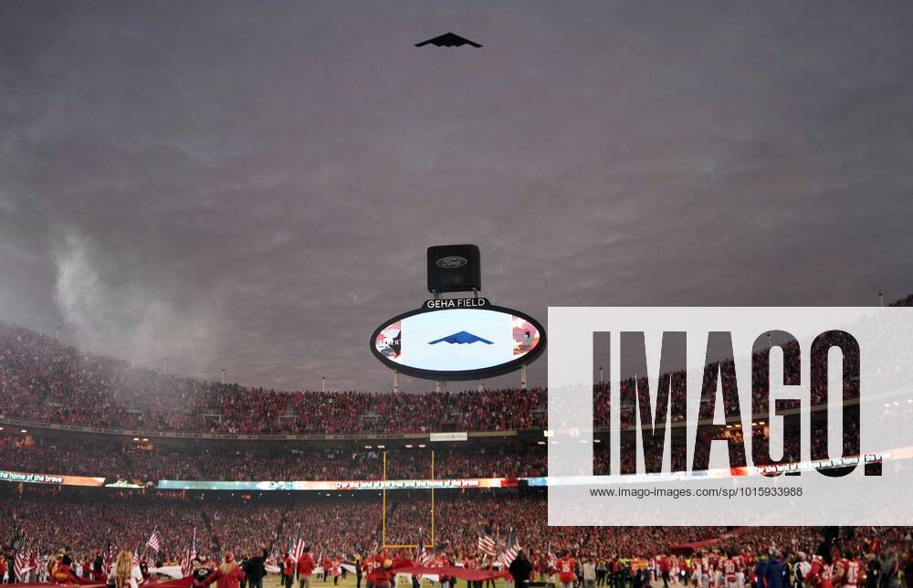 KANSAS CITY, MO - JANUARY 23: B2 flyover prior to the AFC Divisional Round  playoff game between the Kansas City Chiefs and the Buffalo Bills on  January 23rd, 2022 at Arrowhead Stadium