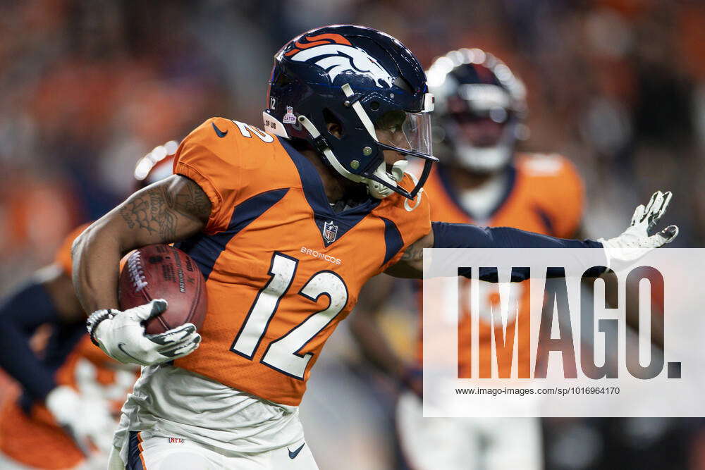 Denver Broncos wide receiver Montrell Washington, makes a catch over  teammate wide receiver Montrell Washington during the second half of an NFL  football game against the Indianapolis Colts, Thursday, Oct. 6, 2022