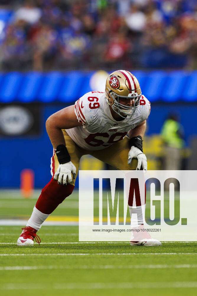 INGLEWOOD, CA - OCTOBER 30: San Francisco 49ers offensive tackle Mike  McGlinchey (69) in an offensiv