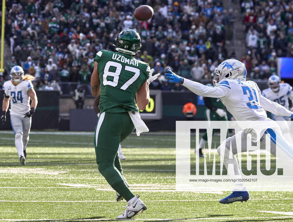 New York Jets tight end C.J. Uzomah (87) looks in a pass as Detroit Lions  safety