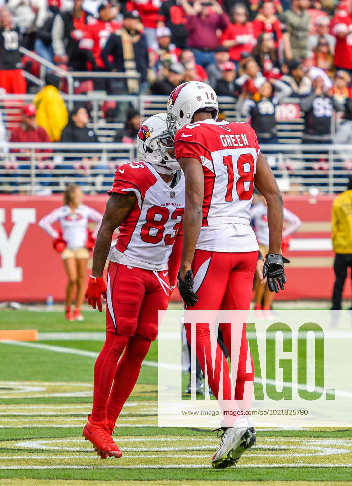 SANTA CLARA, CA - JANUARY 08: Arizona Cardinals wide receiver Greg Dortch  (83) celebrates with Arizona Cardinals wide receiver A.J. Green (18) on the  first touchdown of the Week 18 game between