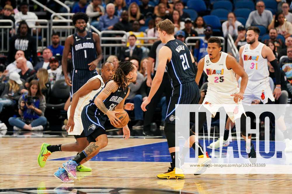 Orlando, United States. 11th Feb, 2023. Orlando, USA, February, 11th 2023: Cole  Anthony (50 Orlando) controls the ball during the NBA basketball match  between Orlando Magic and Miami Heat at Amway Center