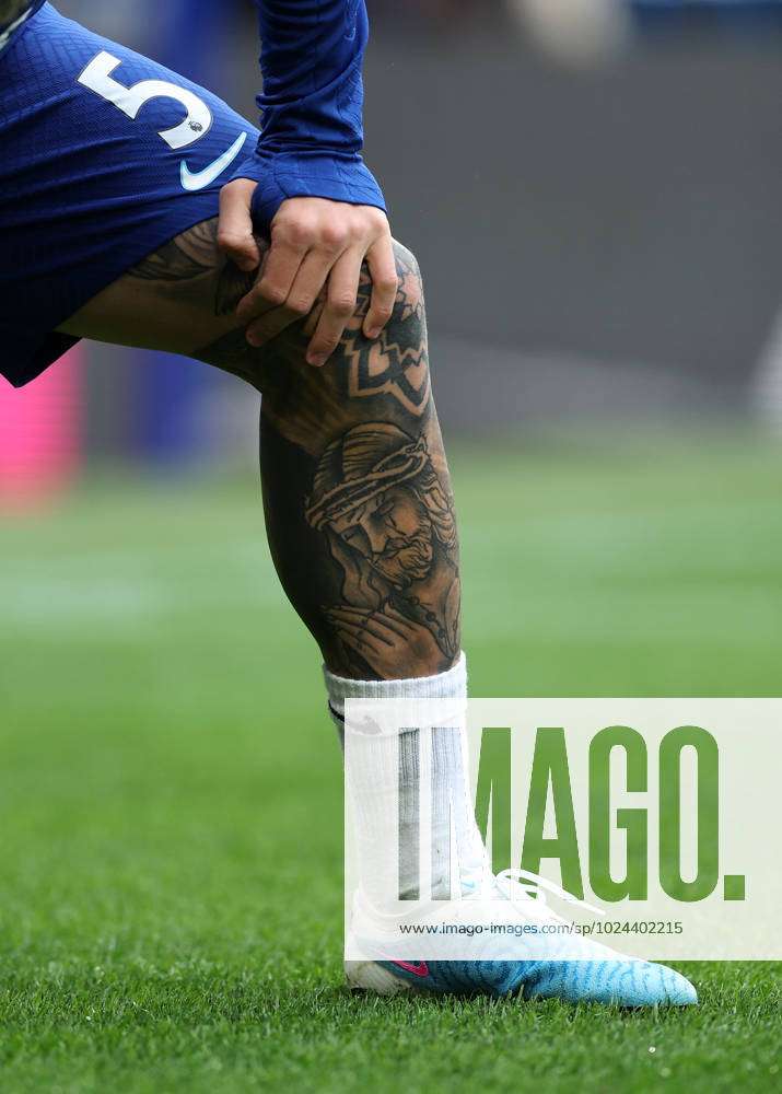 London UK 18th Mar 2023 A view of the tattoos on the leg Enzo Fernández  of Chelsea during the Premier League match at Stamford Bridge London  Picture credit should read Paul TerrySportimage