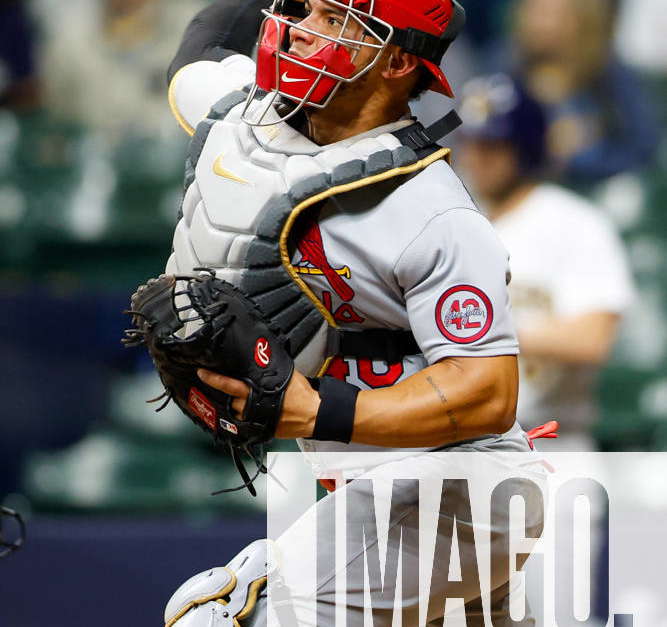 April 8, 2023: St. Louis Cardinals catcher Willson Contreras (40) throwing  down to second base in between innings during the game between the  Milwaukee Brewers and the St. Louis Cardinals at American