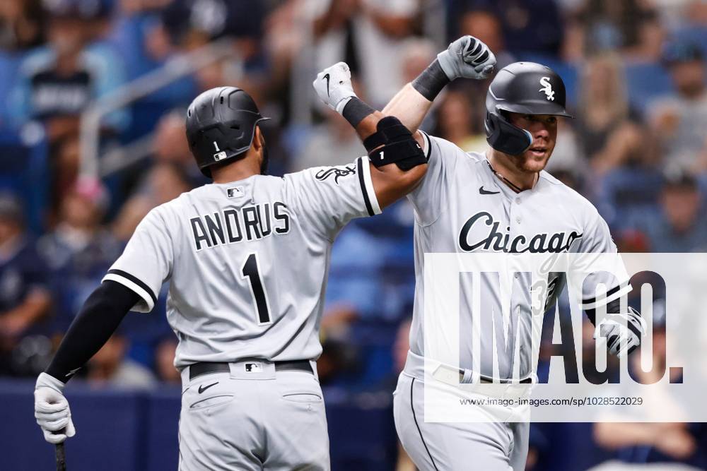 Chicago White Sox's Gavin Sheets (32) celebrates with Elvis Andrus (1)  after hitting a home run