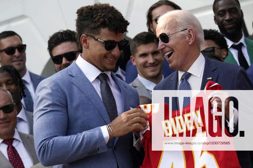 United States President Joe Biden is presented a jersey from Quarterback  Patrick Mahomes and Tight, Stock Photo, Picture And Rights Managed  Image. Pic. PAH-411968365